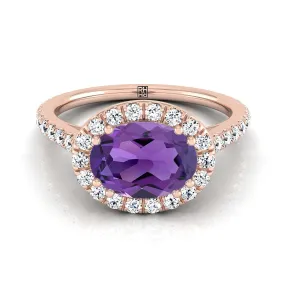 14K Rose Gold Oval Amethyst Horizontal Fancy East West Diamond Halo Engagement Ring -1/2ctw