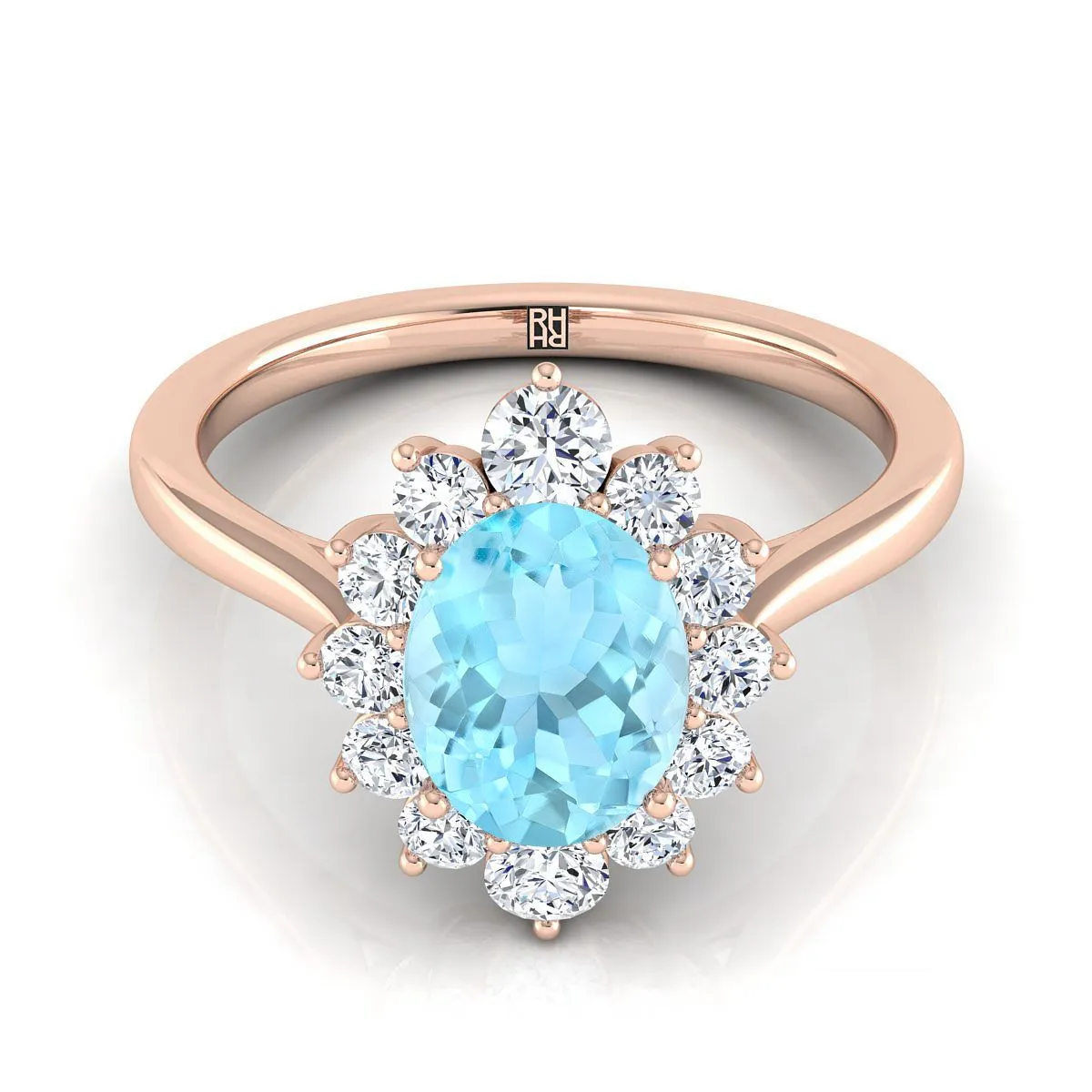 14K Rose Gold Oval Aquamarine Floral Diamond Halo Engagement Ring -1/2ctw