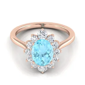 14K Rose Gold Oval Aquamarine Floral Diamond Halo Engagement Ring -1/2ctw