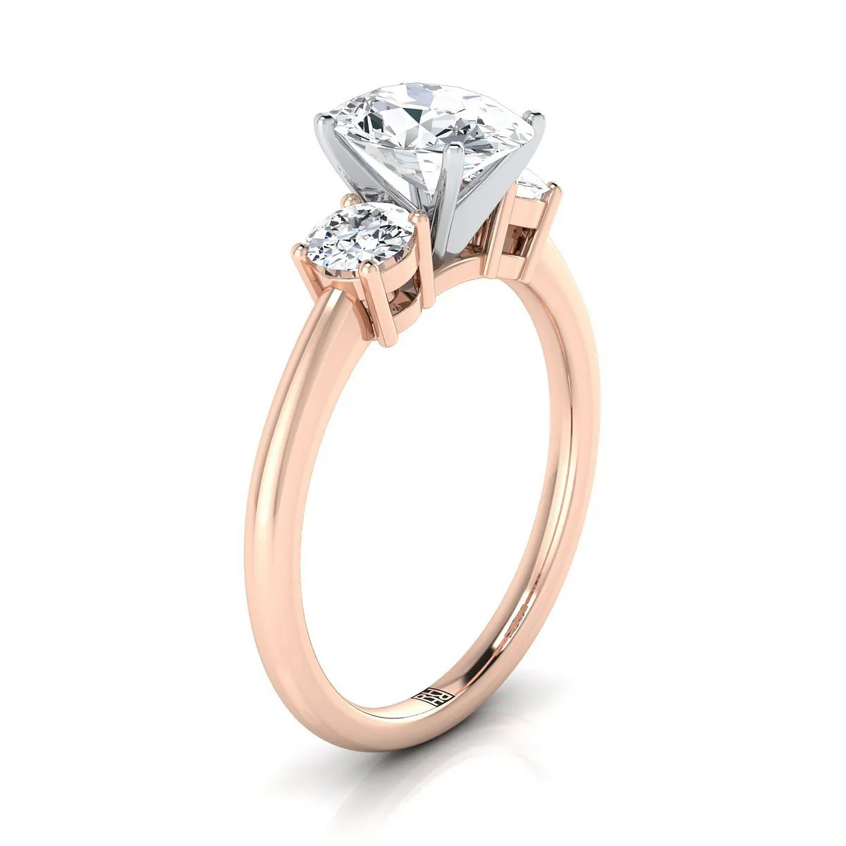 14K Rose Gold Oval Aquamarine Perfectly Matched Round Three Stone Diamond Engagement Ring -1/4ctw