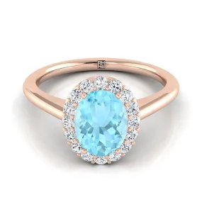 14K Rose Gold Oval Aquamarine Shared Prong Diamond Halo Engagement Ring -1/5ctw