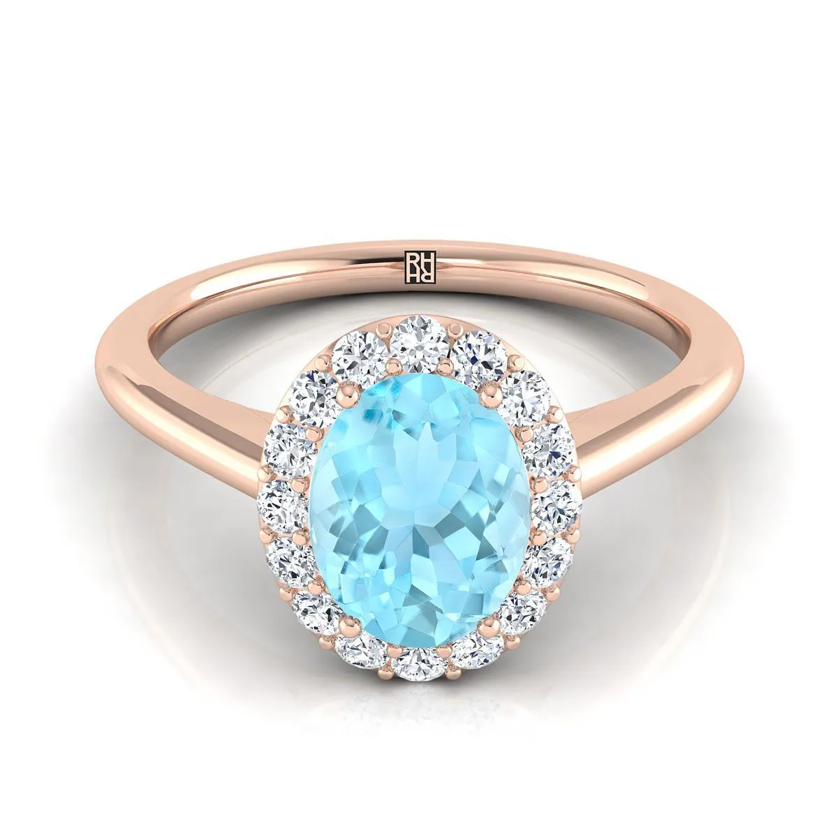 14K Rose Gold Oval Aquamarine Shared Prong Diamond Halo Engagement Ring -1/5ctw