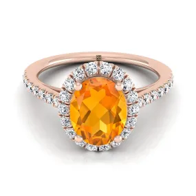 14K Rose Gold Oval Citrine Petite Halo French Diamond Pave Engagement Ring -3/8ctw