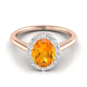 14K Rose Gold Oval Citrine Shared Prong Diamond Halo Engagement Ring -1/5ctw