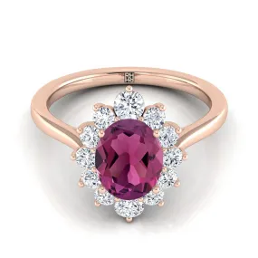 14K Rose Gold Oval Garnet Floral Diamond Halo Engagement Ring -1/2ctw