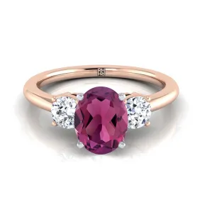 14K Rose Gold Oval Garnet Perfectly Matched Round Three Stone Diamond Engagement Ring -1/4ctw