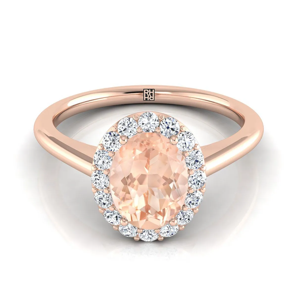 14K Rose Gold Oval Morganite Shared Prong Diamond Halo Engagement Ring -1/5ctw