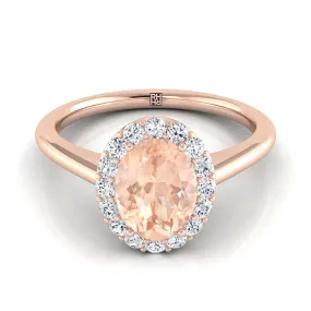 14K Rose Gold Oval Morganite Shared Prong Diamond Halo Engagement Ring -1/5ctw