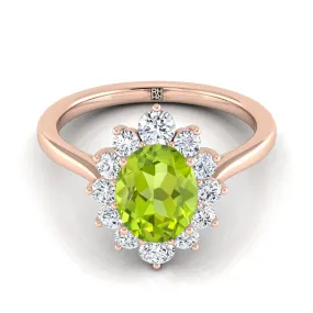 14K Rose Gold Oval Peridot Floral Diamond Halo Engagement Ring -1/2ctw