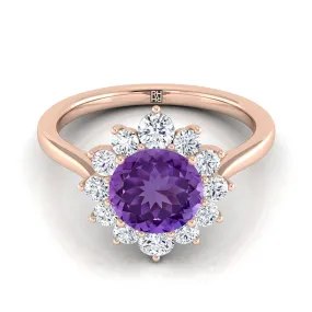 14K Rose Gold Round Brilliant Amethyst Floral Diamond Halo Engagement Ring -1/2ctw