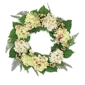 24" Decorative Pink  Cream and Green Hydrangea and Berry Artificial Floral Wreath - Unlit