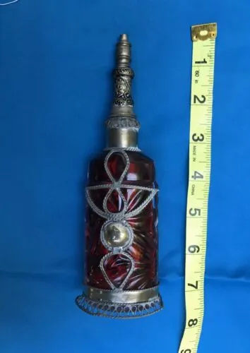 Antique Paris Bourjois Art Deco Red Glass Metal Ornate Filigree Perfume Bottle