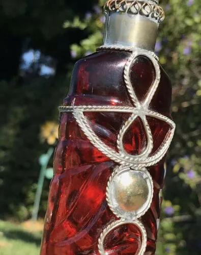 Antique Paris Bourjois Art Deco Red Glass Metal Ornate Filigree Perfume Bottle