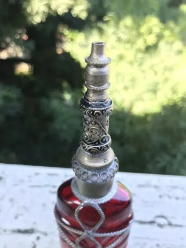 Antique Paris Bourjois Art Deco Red Glass Metal Ornate Filigree Perfume Bottle