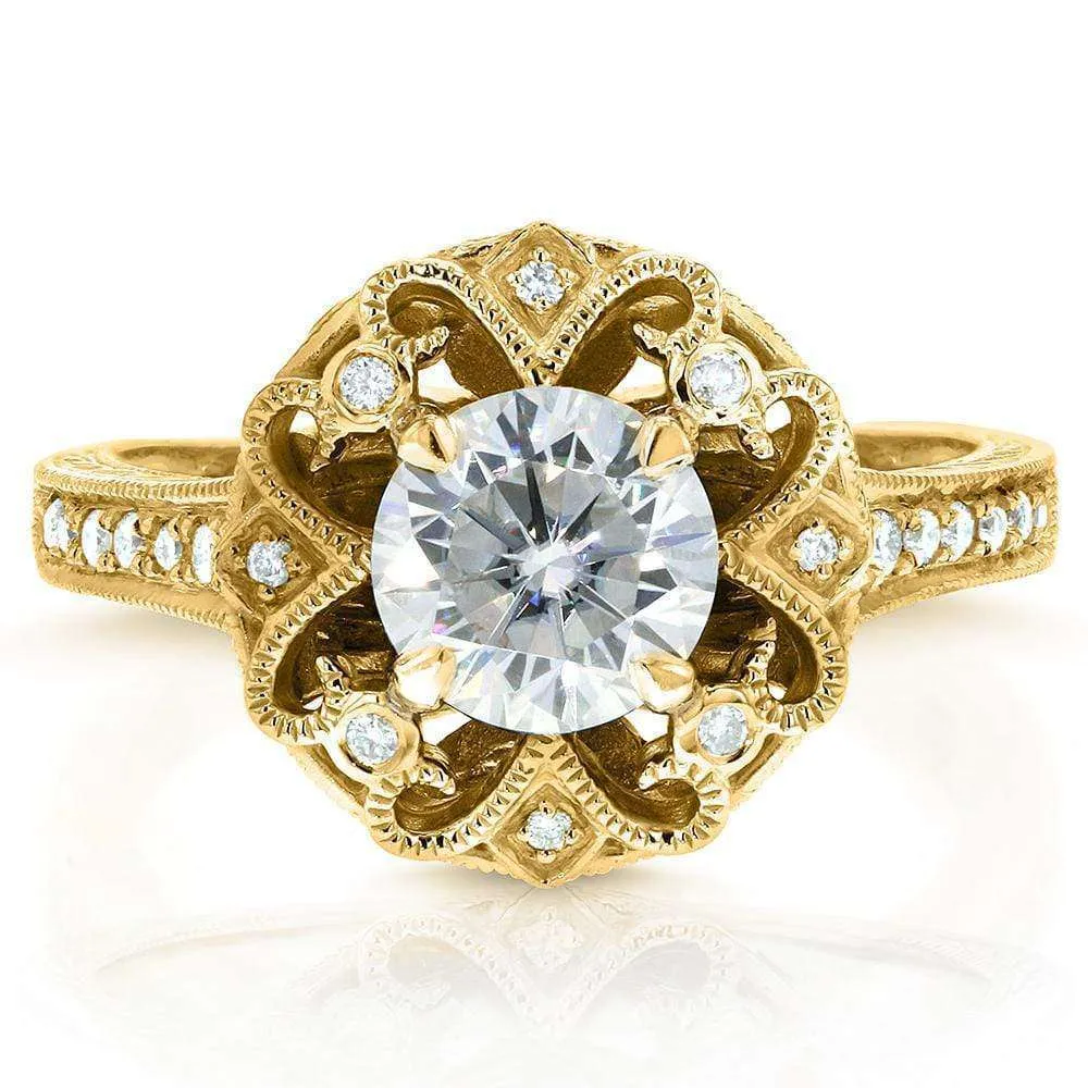 Antique Round Moissanite Engagement Ring with Diamond 1 1/5 CTW 14k Yellow Gold