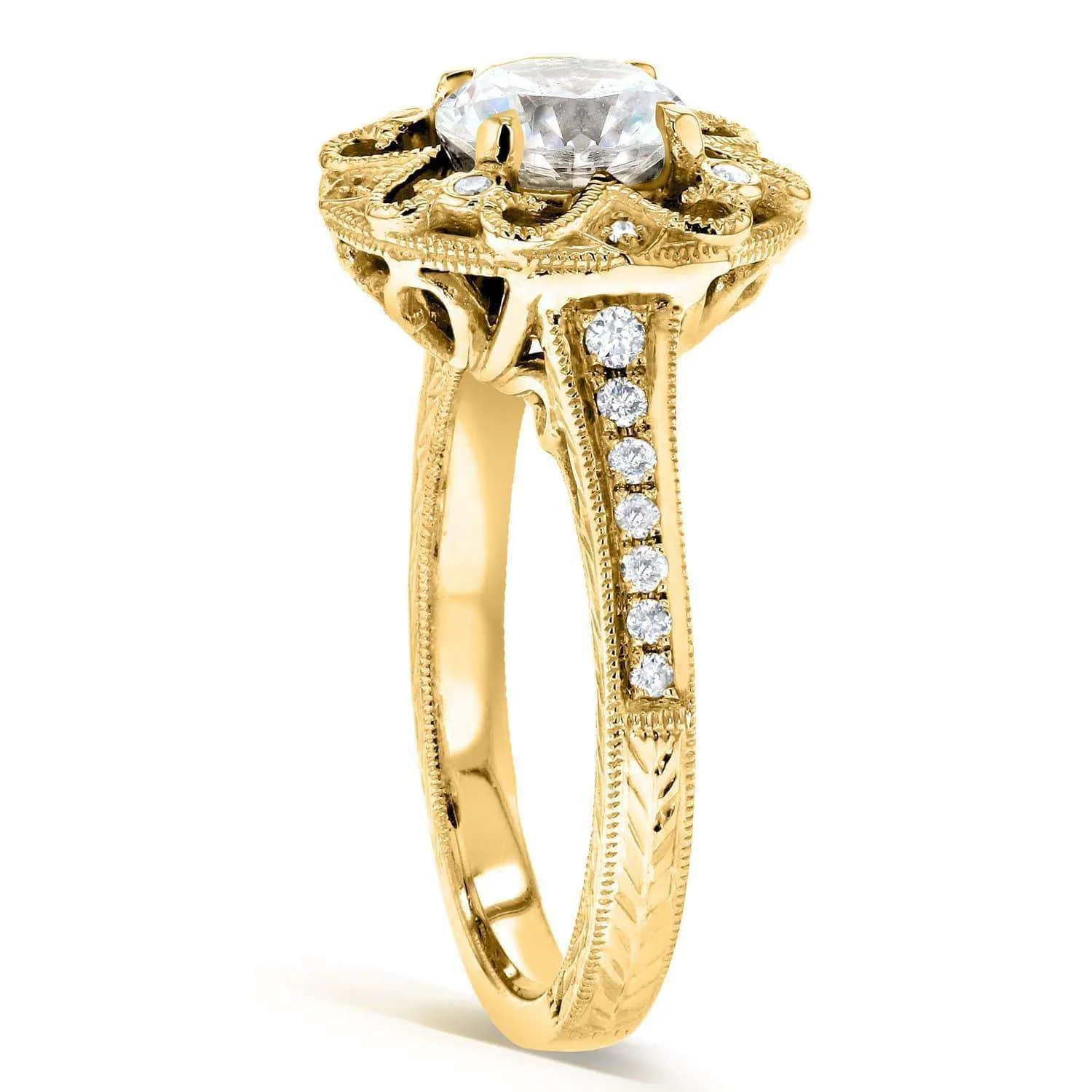 Antique Round Moissanite Engagement Ring with Diamond 1 1/5 CTW 14k Yellow Gold