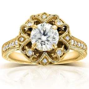 Antique Round Moissanite Engagement Ring with Diamond 1 1/5 CTW 14k Yellow Gold