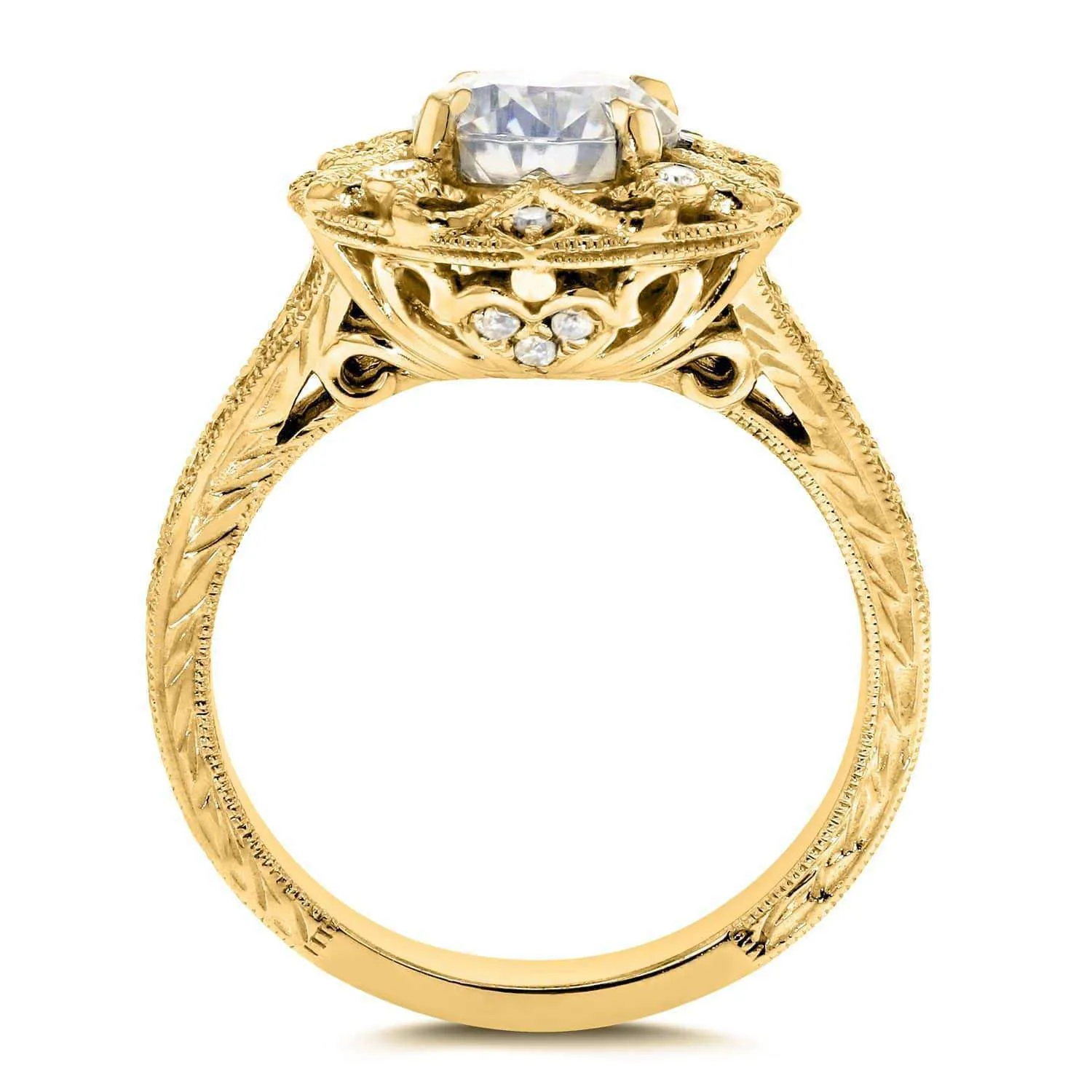 Antique Round Moissanite Engagement Ring with Diamond 1 1/5 CTW 14k Yellow Gold