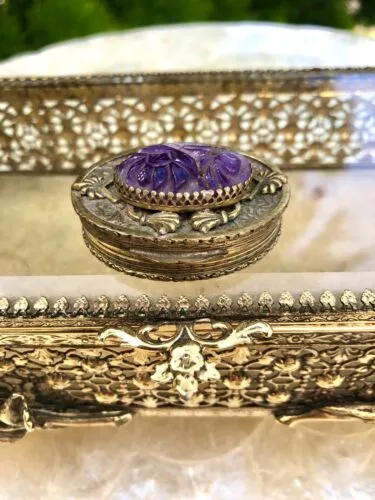 Antique WL Walter Lampl Amethyst Gem Stone Brass Jeweled Ornate Trinket Pill Box