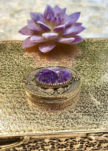 Antique WL Walter Lampl Amethyst Gem Stone Brass Jeweled Ornate Trinket Pill Box