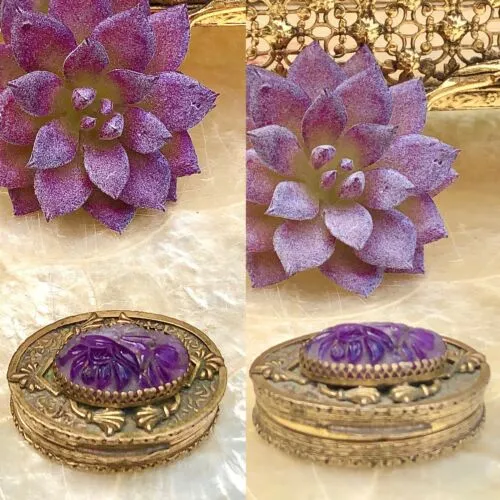 Antique WL Walter Lampl Amethyst Gem Stone Brass Jeweled Ornate Trinket Pill Box