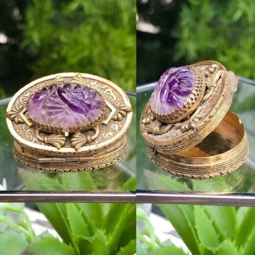 Antique WL Walter Lampl Amethyst Gem Stone Brass Jeweled Ornate Trinket Pill Box