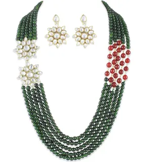 Green beads and red onyx pigtail Kundan Rani Haar Traditional Necklace set