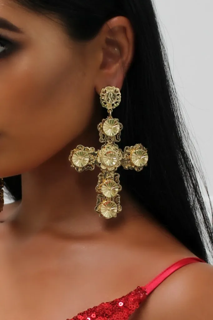 Honey Couture Gold Oversized Cross Statement Earrings