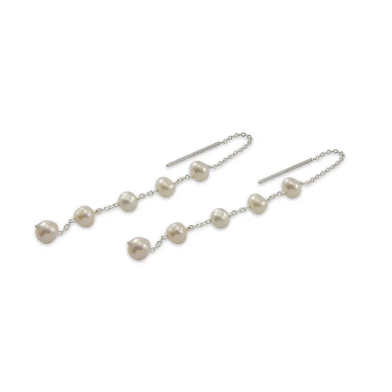 Mini Pearls Sterling Silver Pull-Thru Chain Earrings