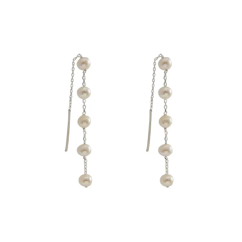 Mini Pearls Sterling Silver Pull-Thru Chain Earrings