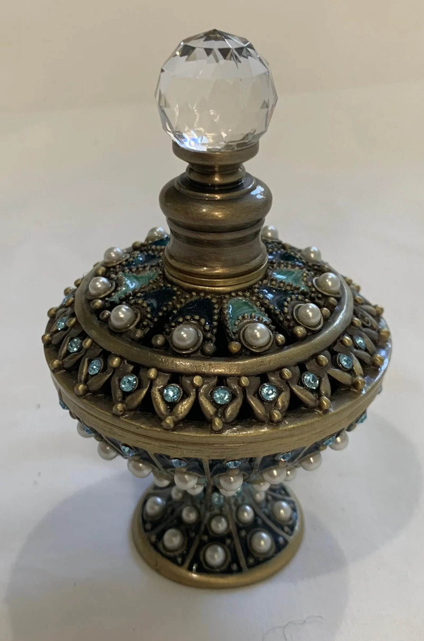 Vintage Austrian Brass Perfume Bottle With Green Enameled Brass & Faux Jewels