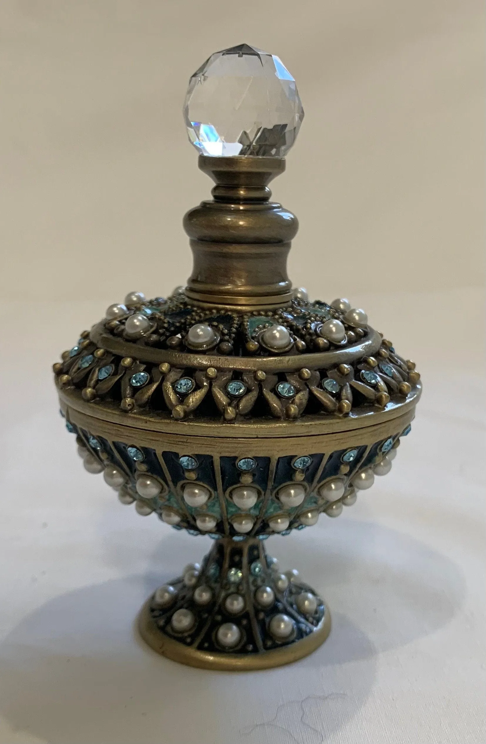 Vintage Austrian Brass Perfume Bottle With Green Enameled Brass & Faux Jewels