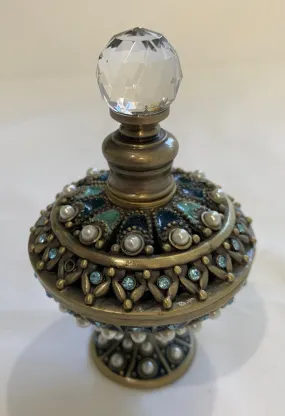 Vintage Austrian Brass Perfume Bottle With Green Enameled Brass & Faux Jewels